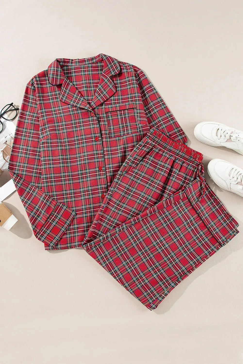 Hazel Blues® | Plaid Collared Neck Top and Pants Lounge Set