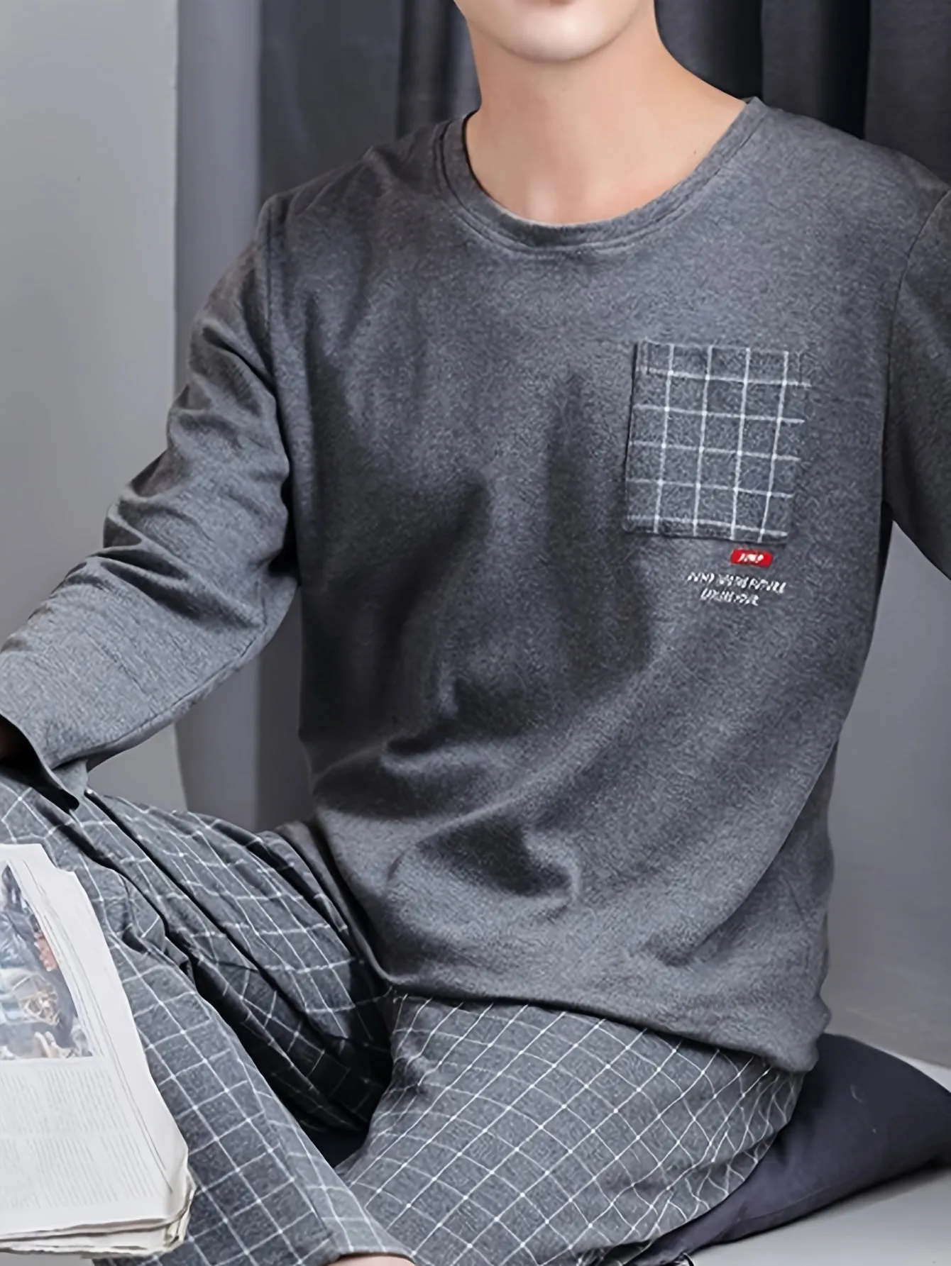 High-end 2 Pcs Men's Simple Plaid Pocket Long Sleeve & Plaid Long Pants Pajama Set, Comfortable & Skin-friendly Pajamas For Men's Cozy Loungewear