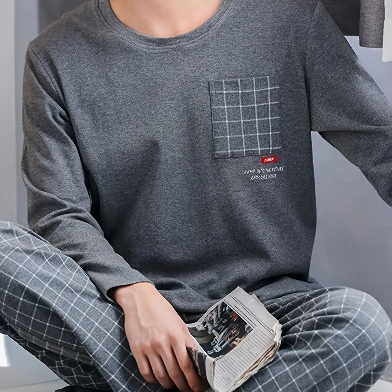 High-end 2 Pcs Men's Simple Plaid Pocket Long Sleeve & Plaid Long Pants Pajama Set, Comfortable & Skin-friendly Pajamas For Men's Cozy Loungewear