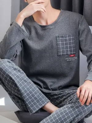 High-end 2 Pcs Men's Simple Plaid Pocket Long Sleeve & Plaid Long Pants Pajama Set, Comfortable & Skin-friendly Pajamas For Men's Cozy Loungewear