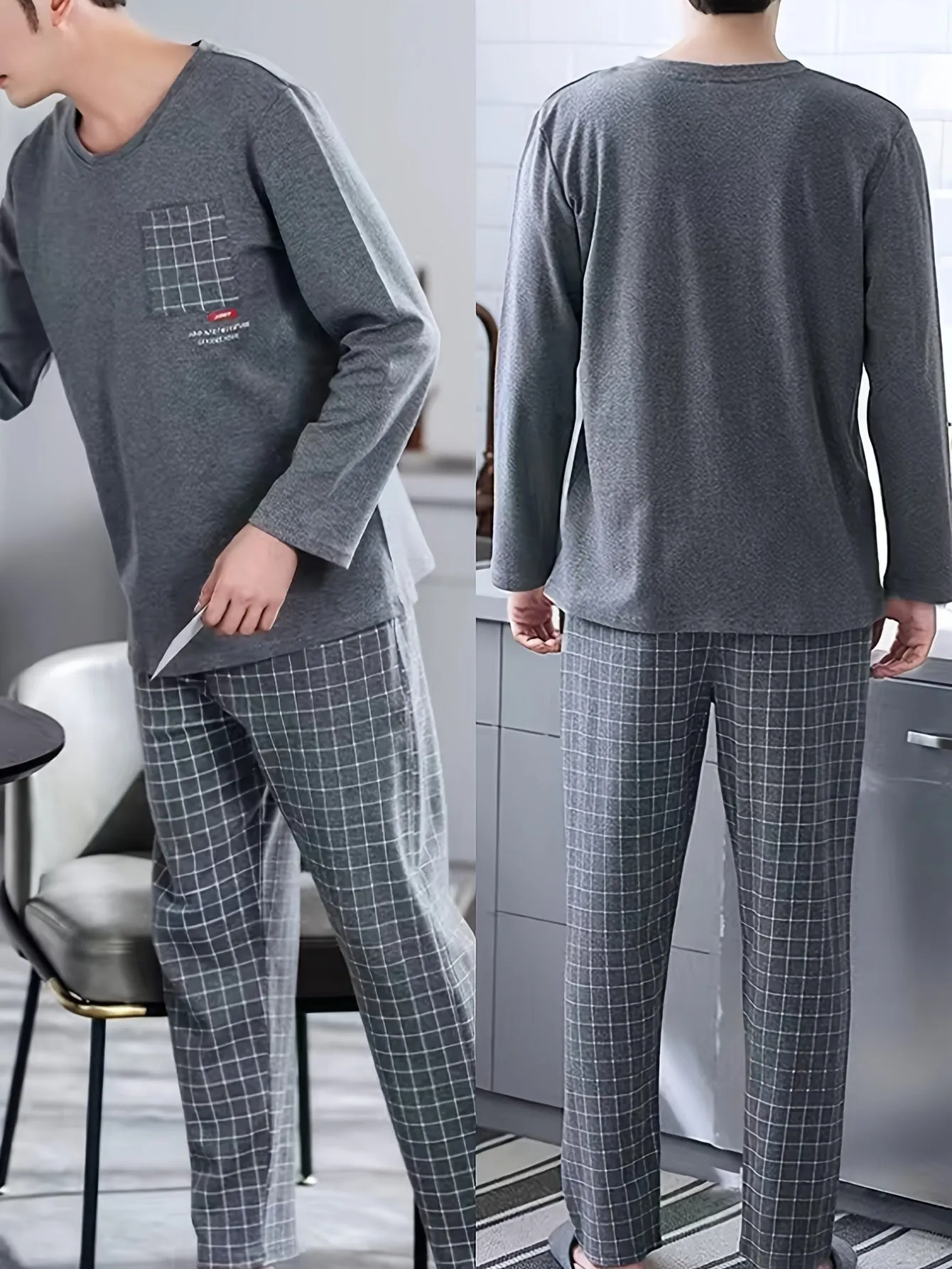 High-end 2 Pcs Men's Simple Plaid Pocket Long Sleeve & Plaid Long Pants Pajama Set, Comfortable & Skin-friendly Pajamas For Men's Cozy Loungewear