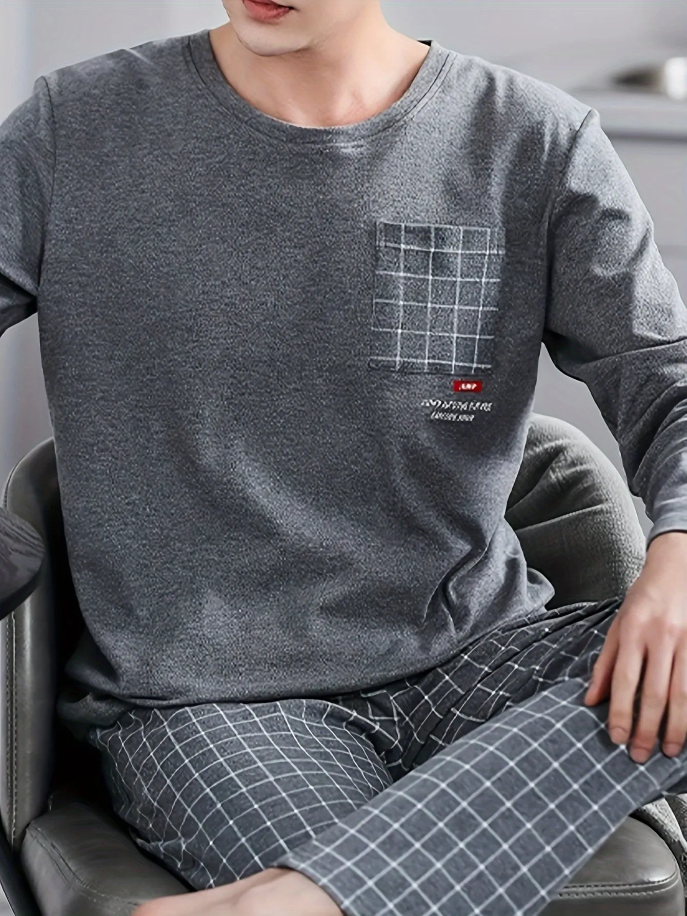 High-end 2 Pcs Men's Simple Plaid Pocket Long Sleeve & Plaid Long Pants Pajama Set, Comfortable & Skin-friendly Pajamas For Men's Cozy Loungewear