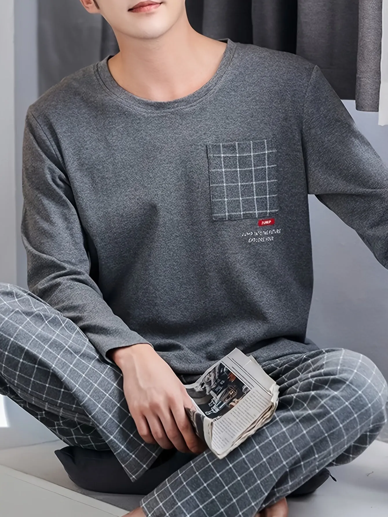 High-end 2 Pcs Men's Simple Plaid Pocket Long Sleeve & Plaid Long Pants Pajama Set, Comfortable & Skin-friendly Pajamas For Men's Cozy Loungewear