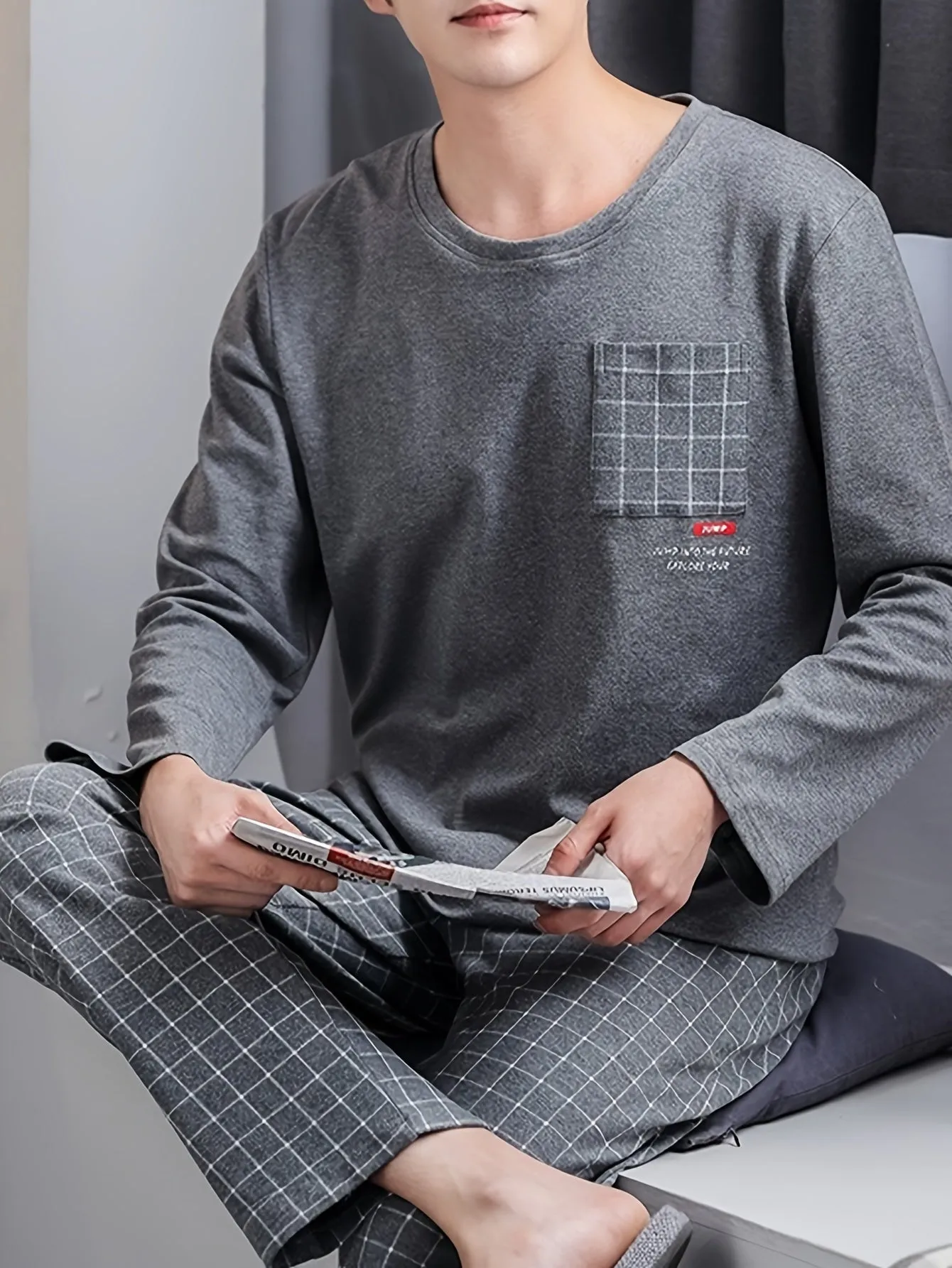High-end 2 Pcs Men's Simple Plaid Pocket Long Sleeve & Plaid Long Pants Pajama Set, Comfortable & Skin-friendly Pajamas For Men's Cozy Loungewear
