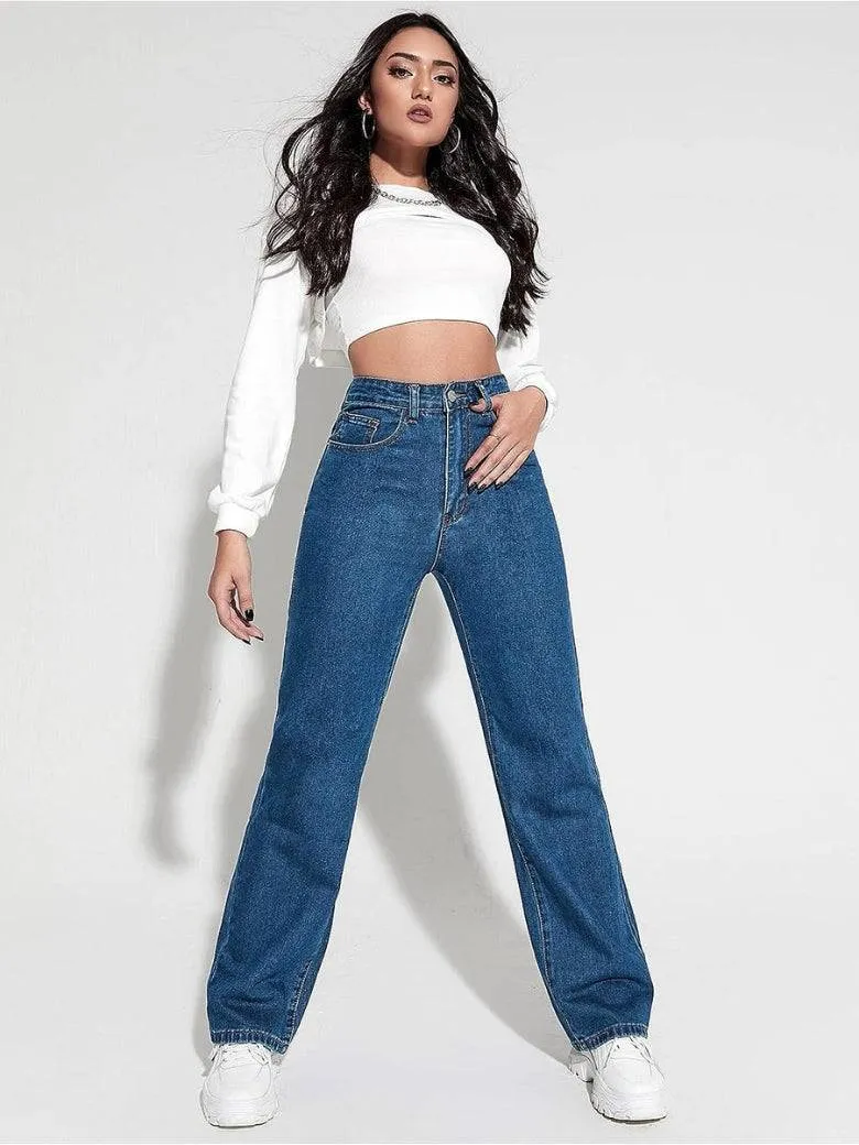 High Rise Harbor Stonewash Straight Leg Jeans