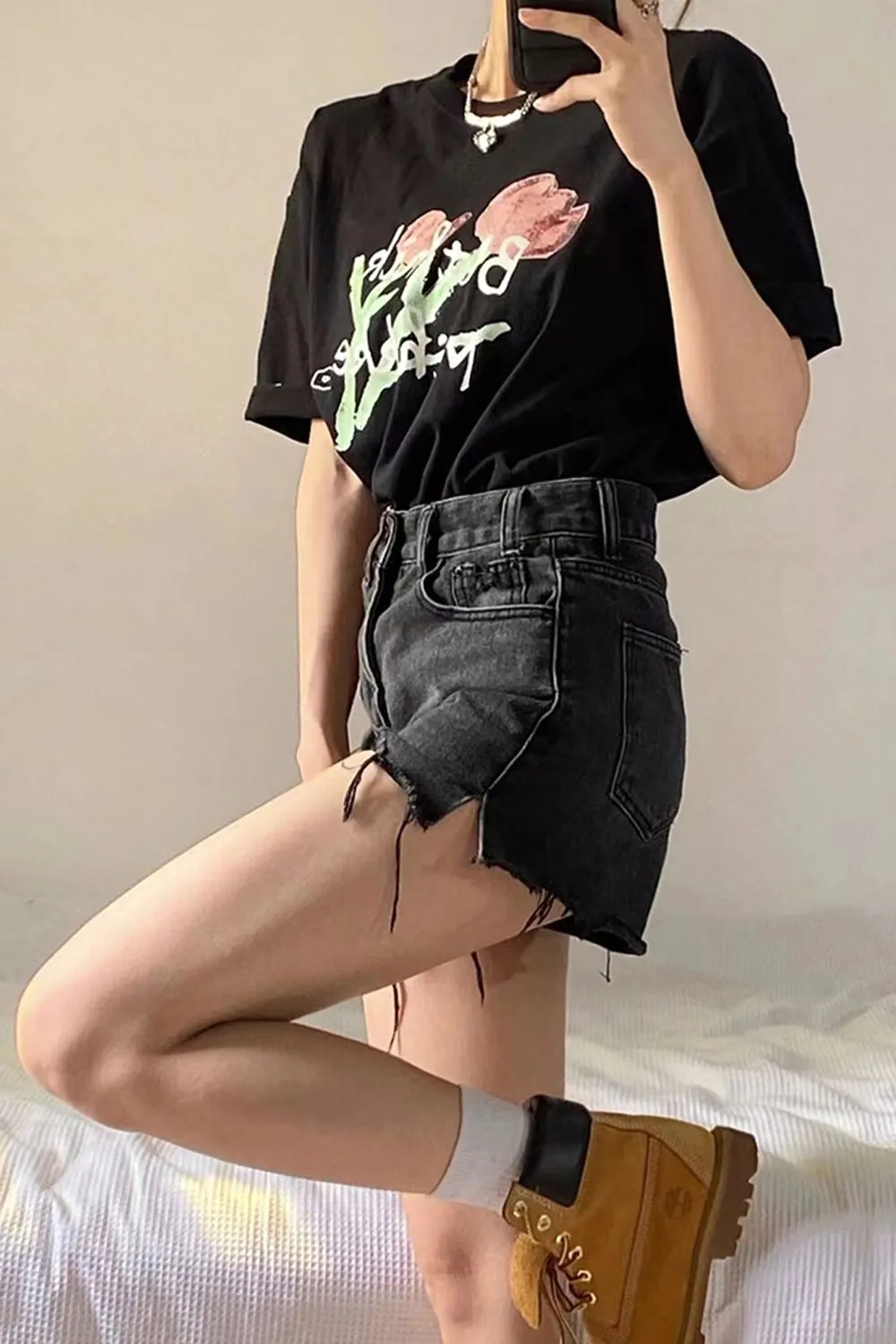 High Waist Black Tassel Shorts Jeans
