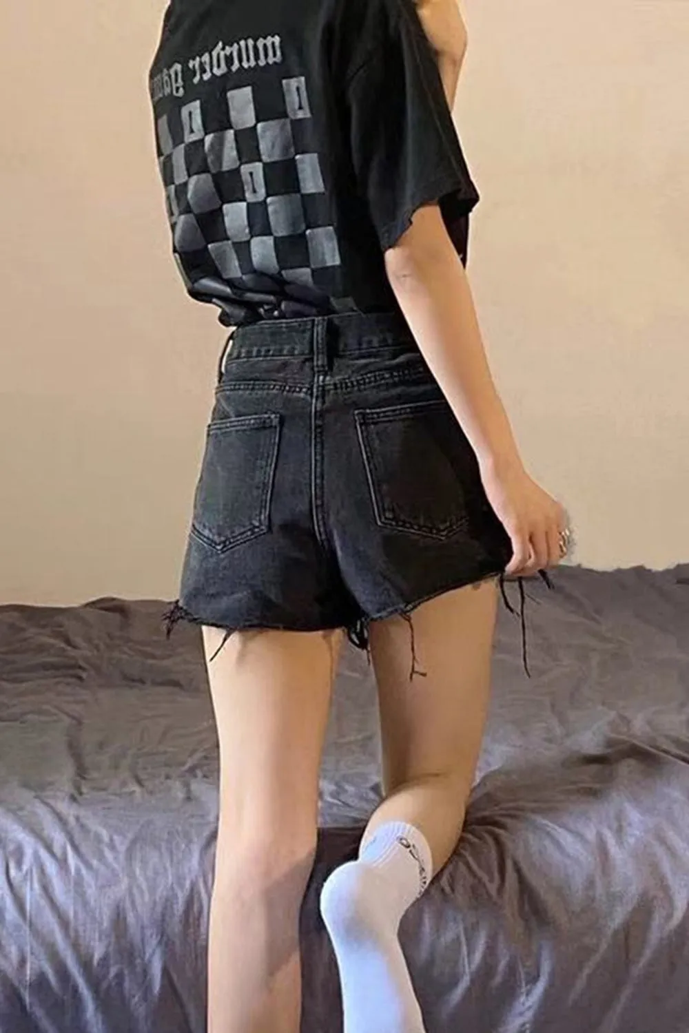 High Waist Black Tassel Shorts Jeans