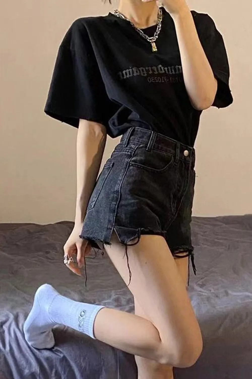 High Waist Black Tassel Shorts Jeans