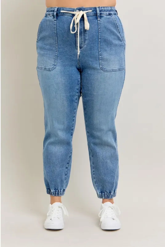 High Waist Denim Jogger - Mid Wash