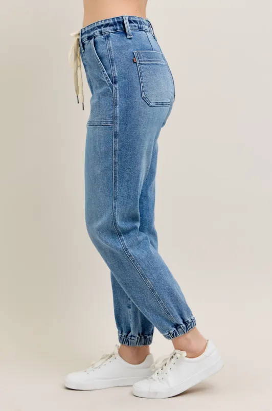 High Waist Denim Jogger - Mid Wash