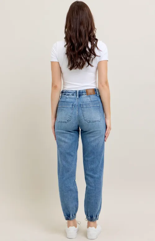 High Waist Denim Jogger - Mid Wash