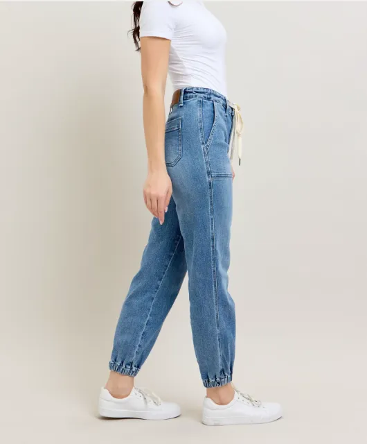 High Waist Denim Jogger - Mid Wash