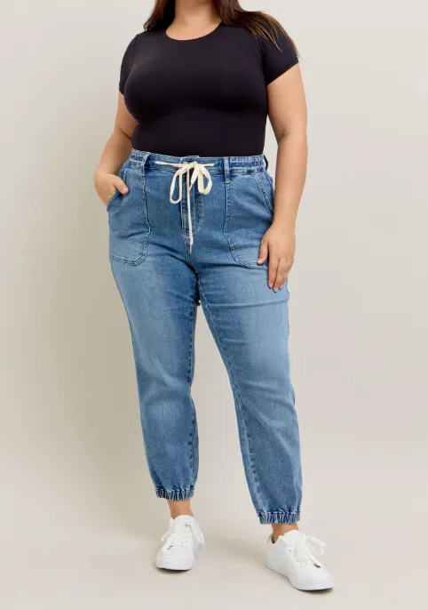 High Waist Denim Jogger - Mid Wash