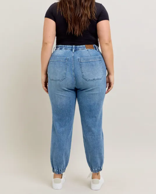 High Waist Denim Jogger - Mid Wash