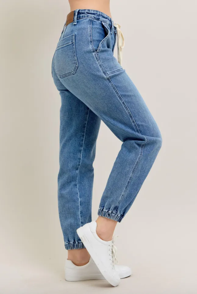 High Waist Denim Jogger - Mid Wash