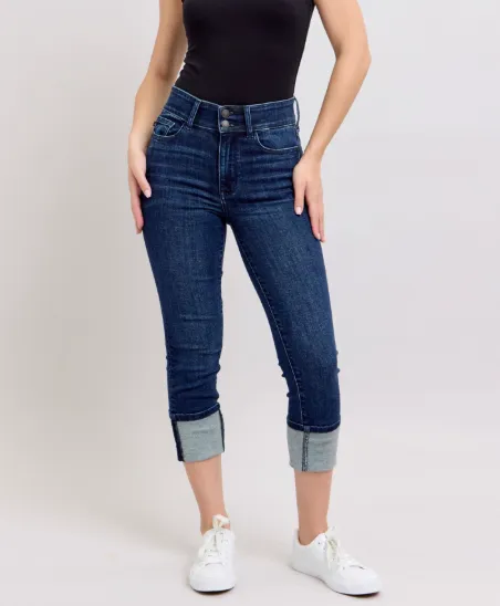 High Waist Double Band Capri - Dark Wash