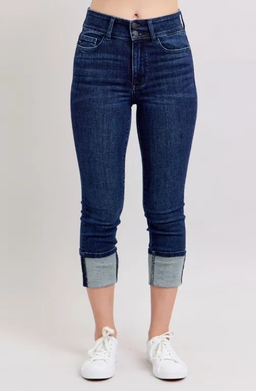 High Waist Double Band Capri - Dark Wash