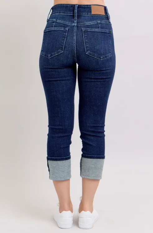 High Waist Double Band Capri - Dark Wash