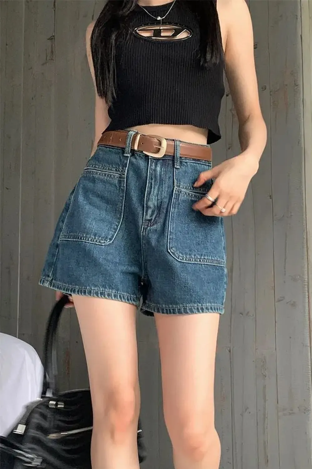 High Waist Front Double Pocket Denim Shorts Jeans