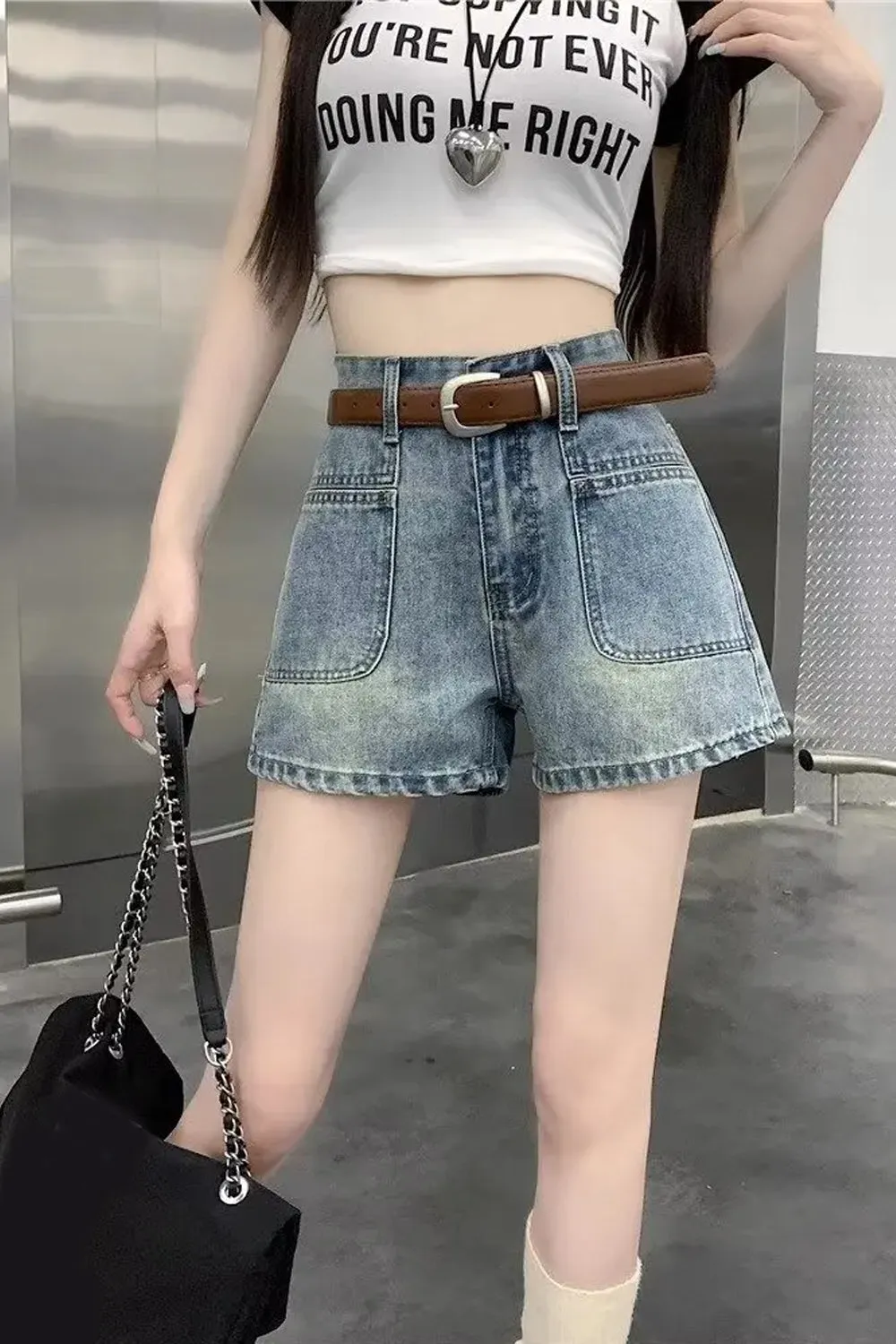 High Waist Front Double Pocket Denim Shorts Jeans