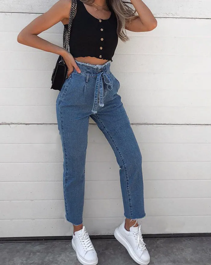 High Waist Front Tied Denim Jeans