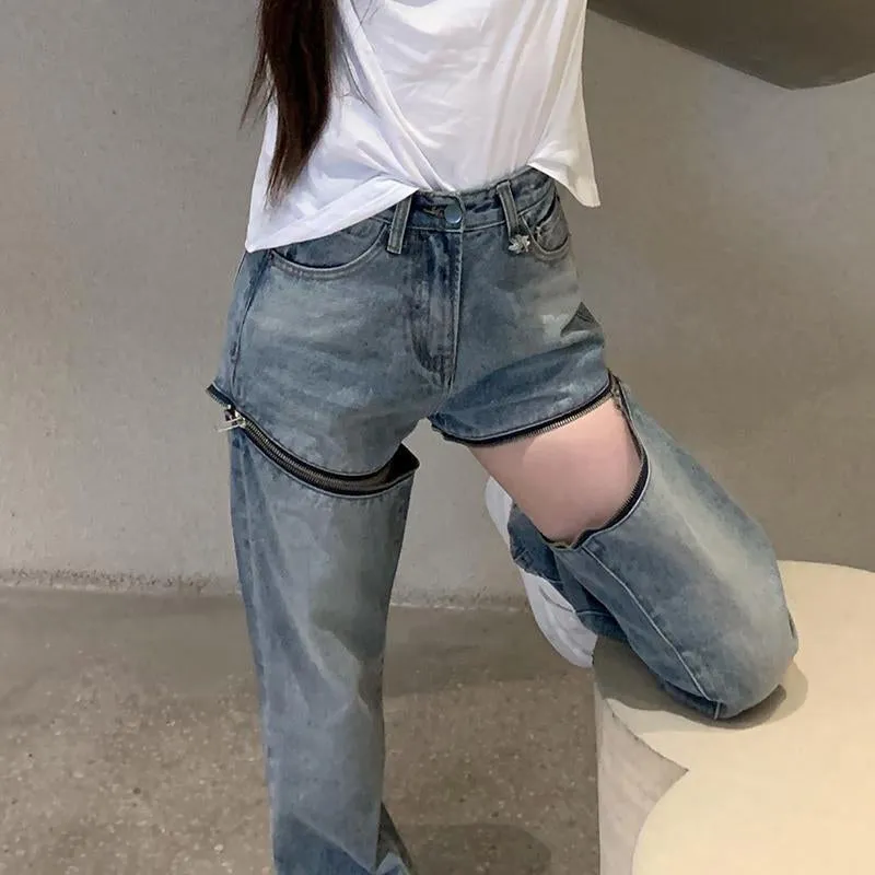 High Waist Irregular Zipper Loose Jeans Pants