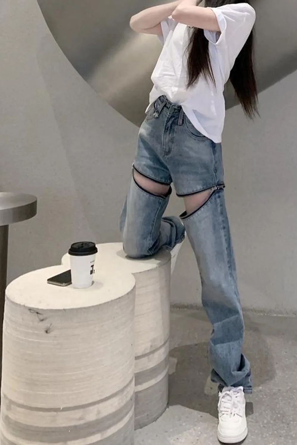 High Waist Irregular Zipper Loose Jeans Pants