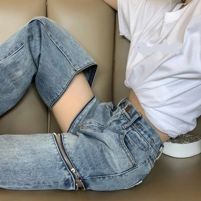 High Waist Irregular Zipper Loose Jeans Pants