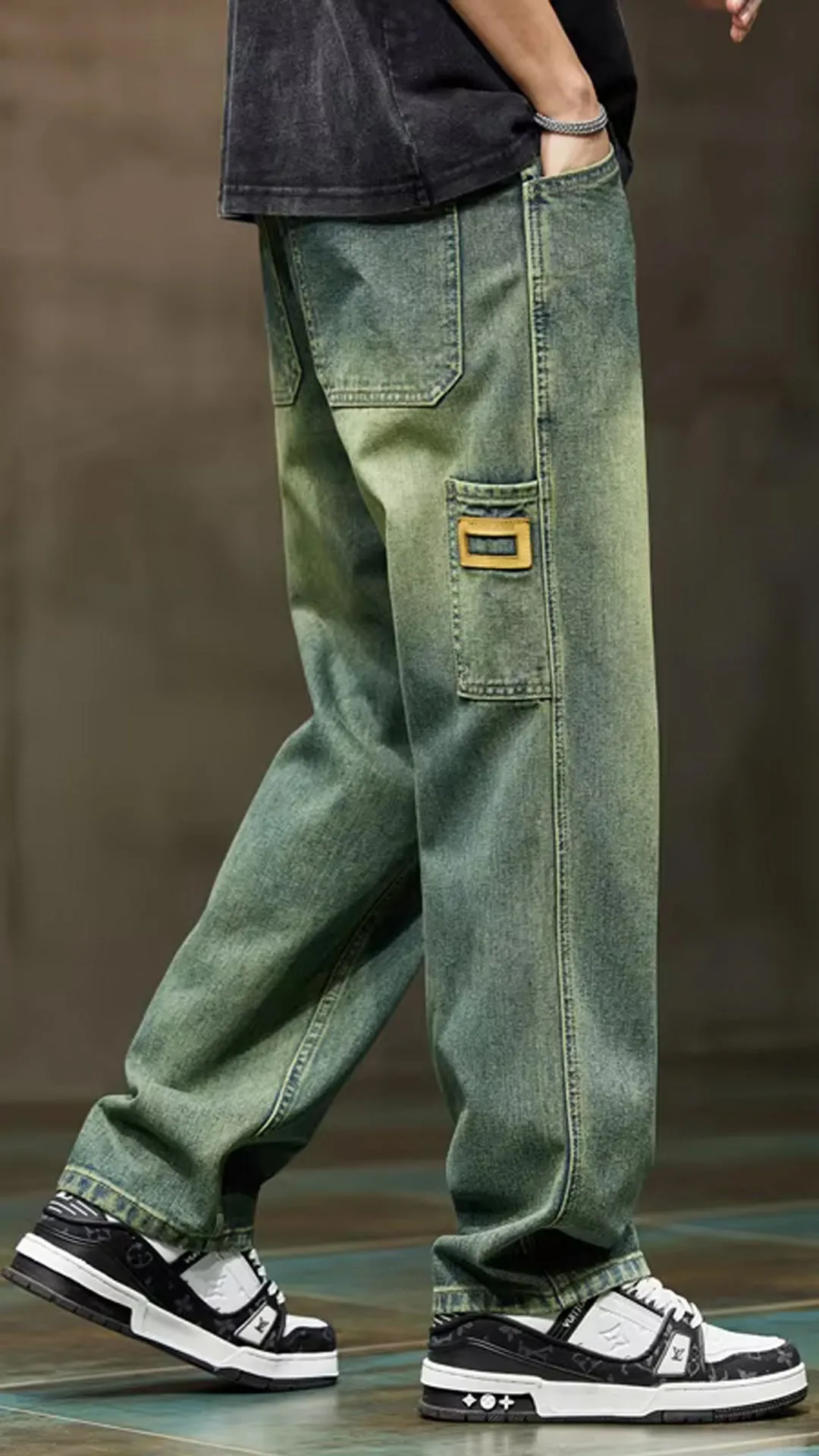 High Waist Retro Blue Men Jeans Pants