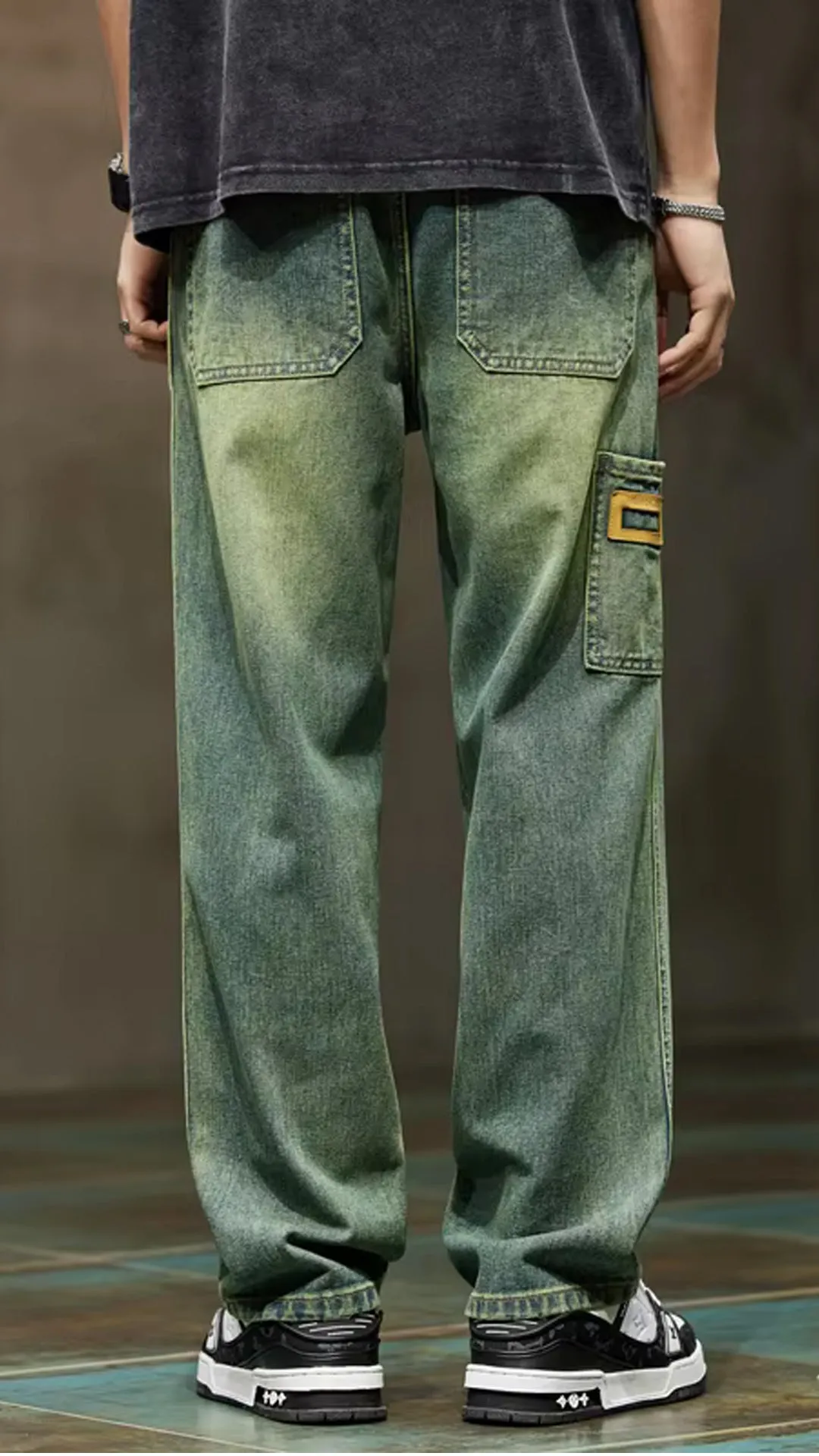 High Waist Retro Blue Men Jeans Pants