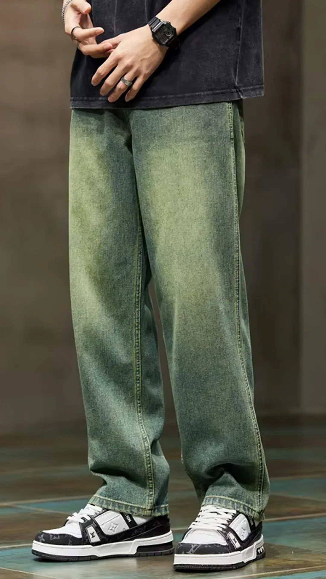 High Waist Retro Blue Men Jeans Pants