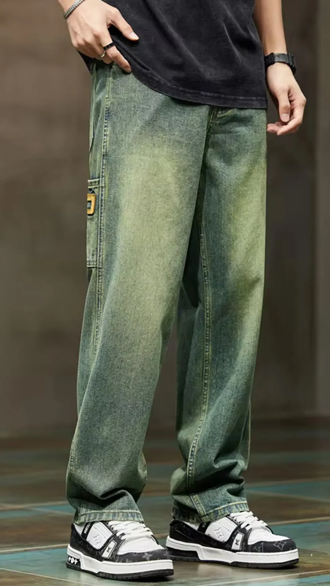 High Waist Retro Blue Men Jeans Pants