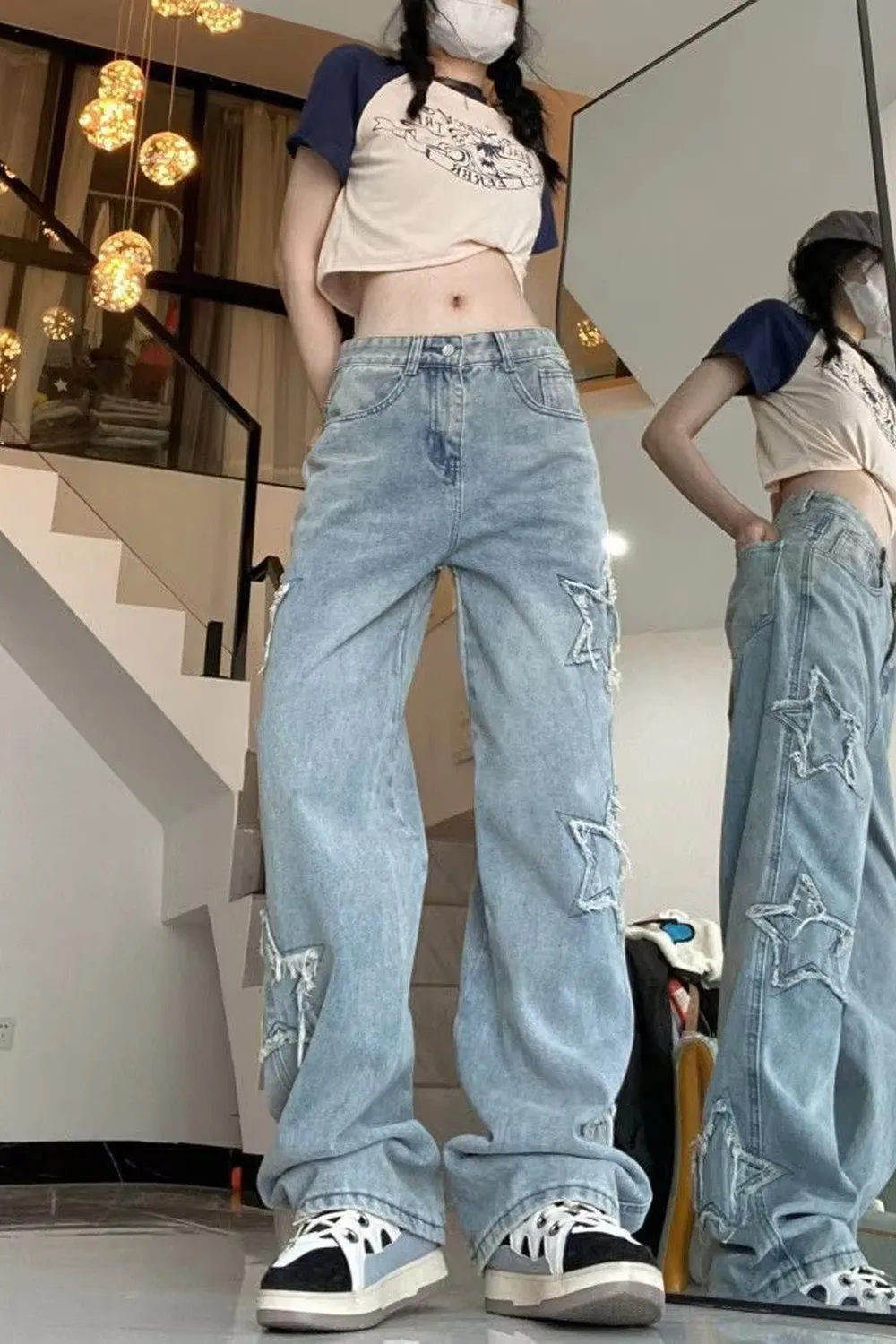 High Waist Retro Stars Side Embroidered Jeans Pants