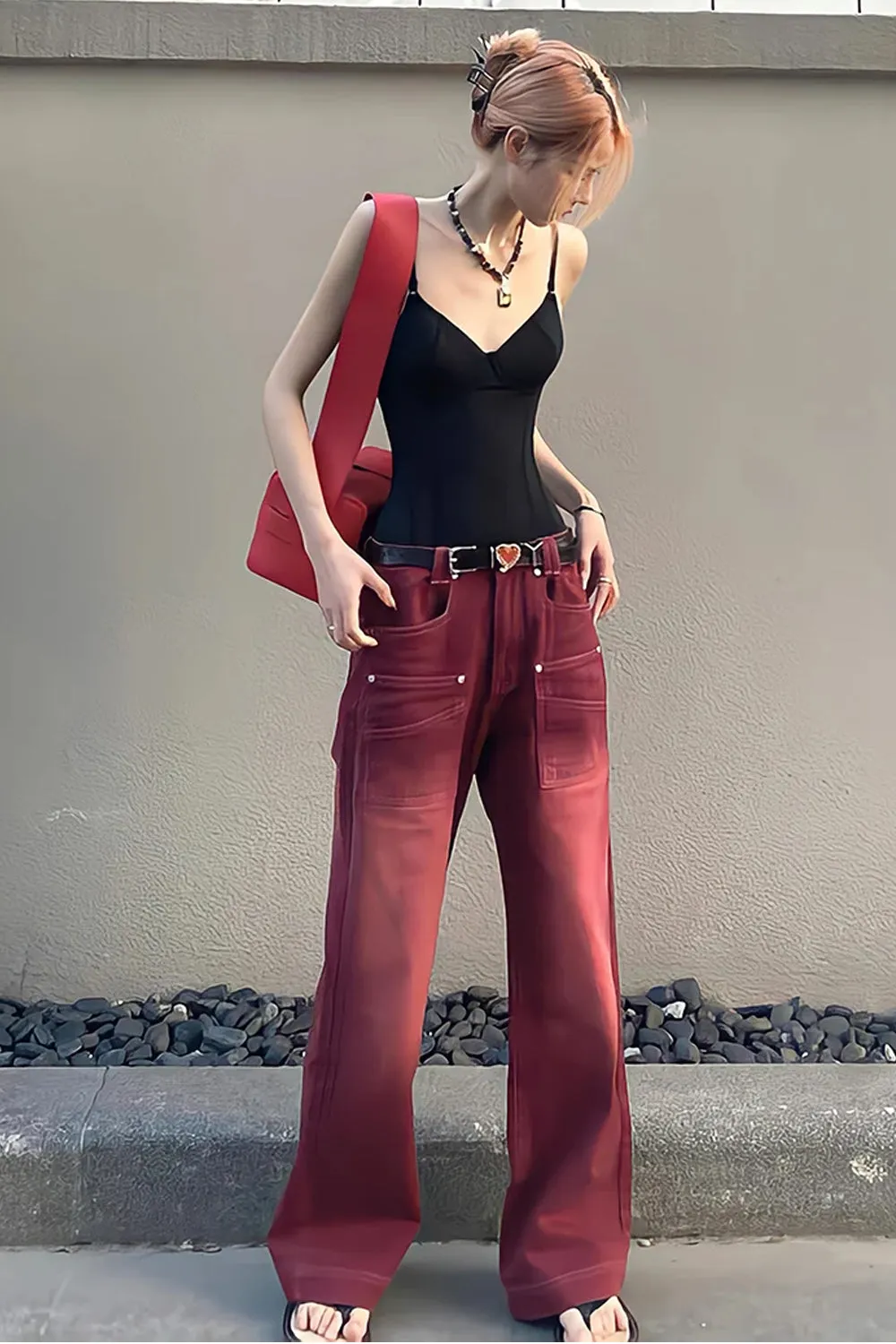 High Waist Retro Washed Red Jeans Pants