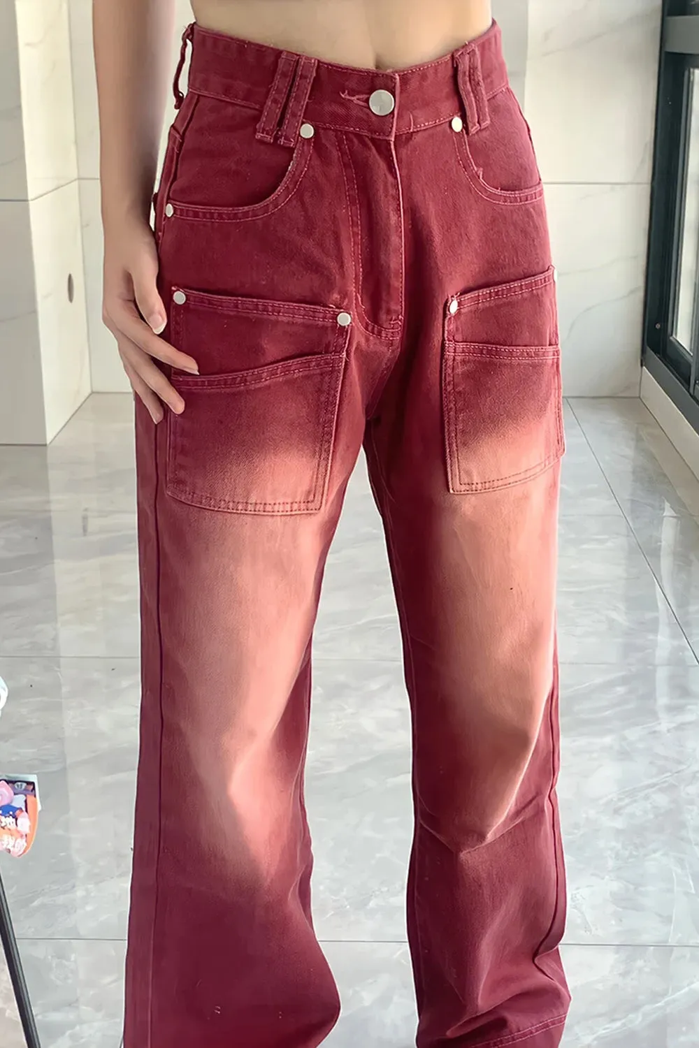 High Waist Retro Washed Red Jeans Pants
