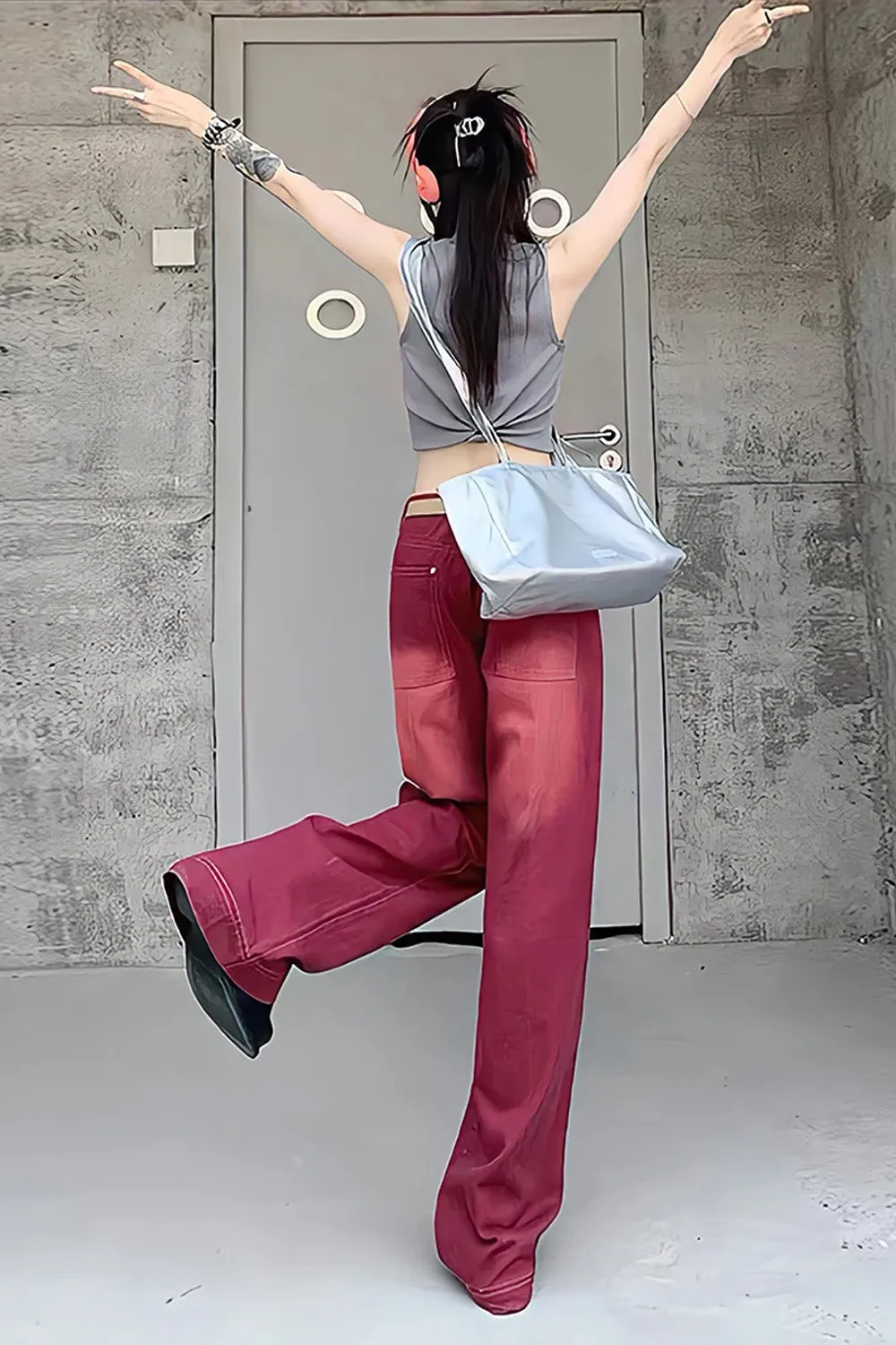 High Waist Retro Washed Red Jeans Pants