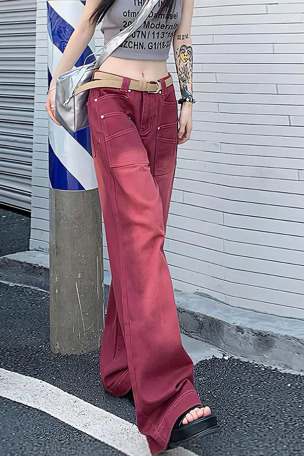 High Waist Retro Washed Red Jeans Pants