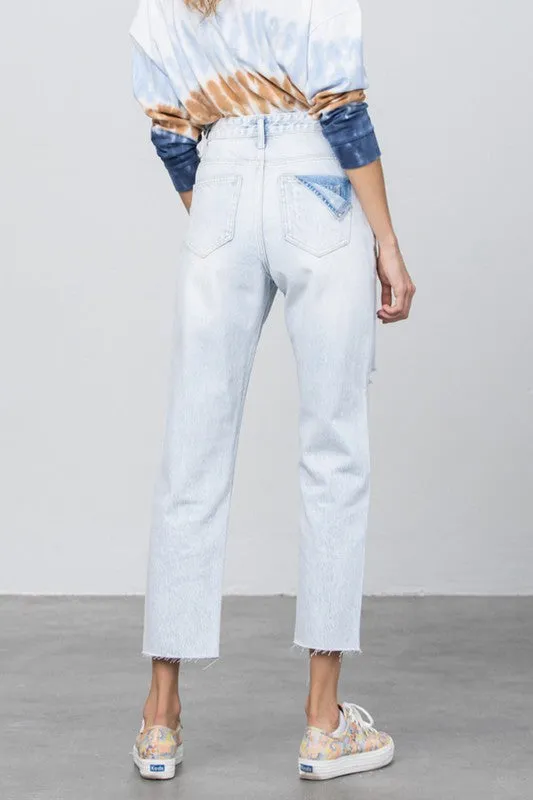High Waist Ripped Raw Hem Crop Straight Jeans