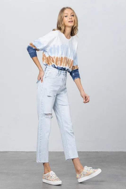 High Waist Ripped Raw Hem Crop Straight Jeans