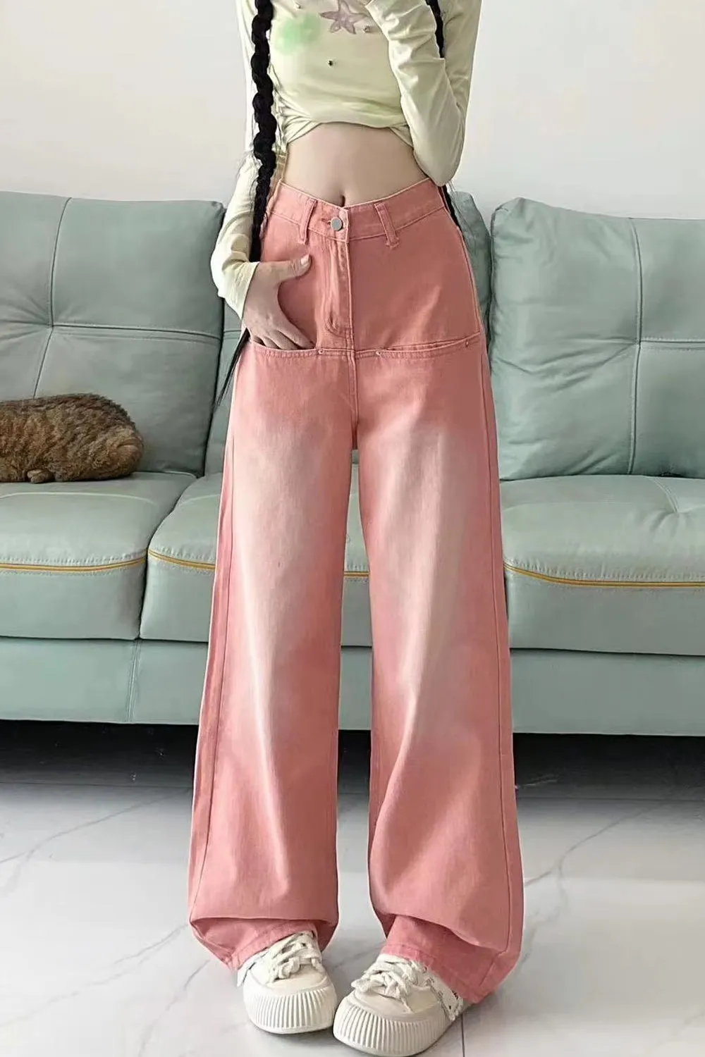 High Waist Vintage Pink Jeans Pants