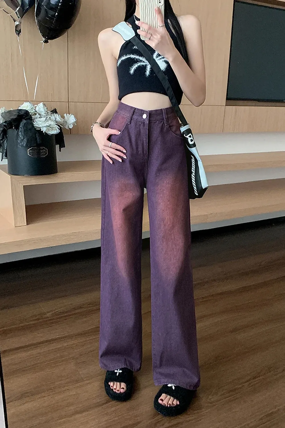 High Waist Washed Purple Jeans Pants