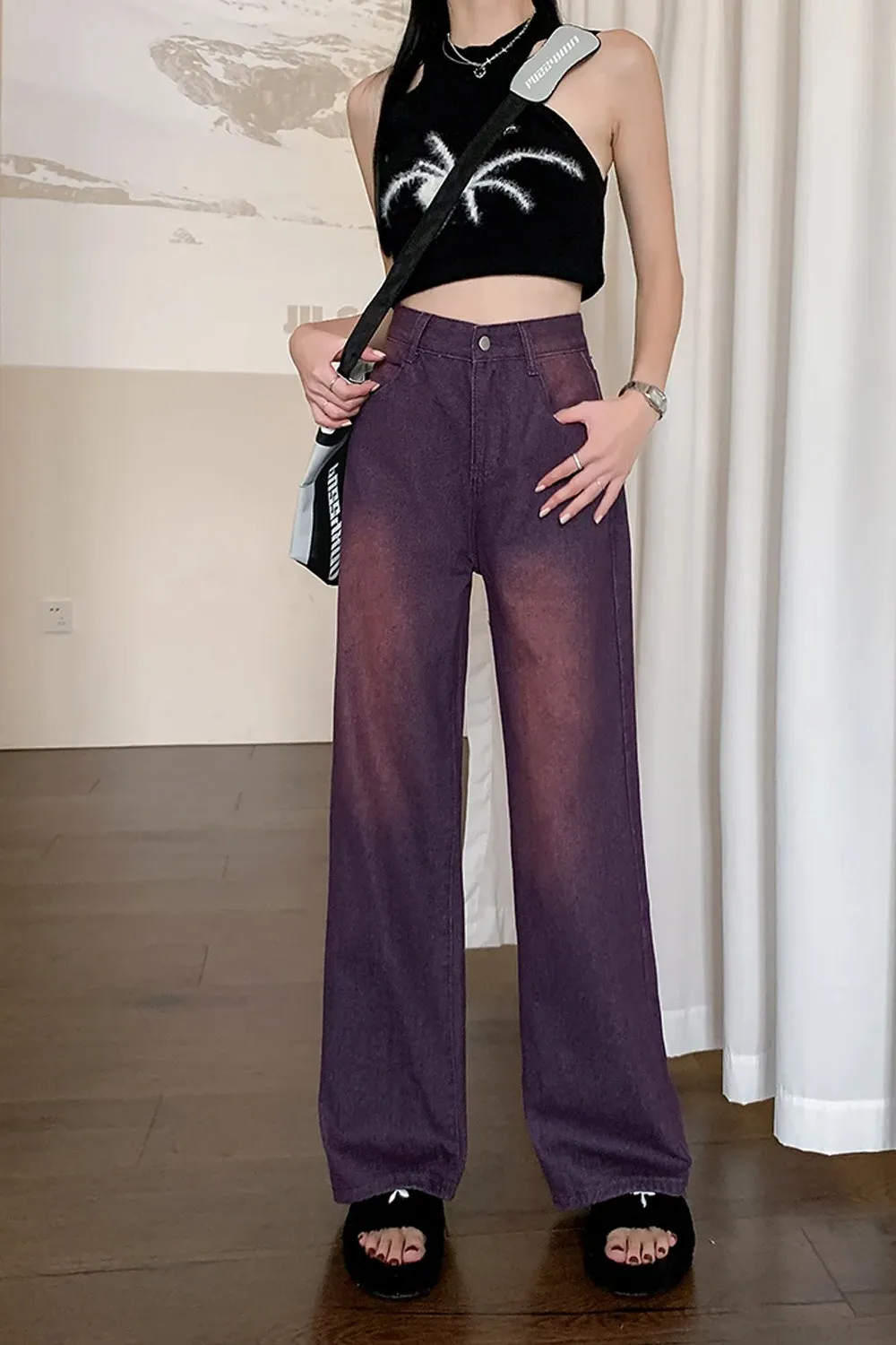 High Waist Washed Purple Jeans Pants