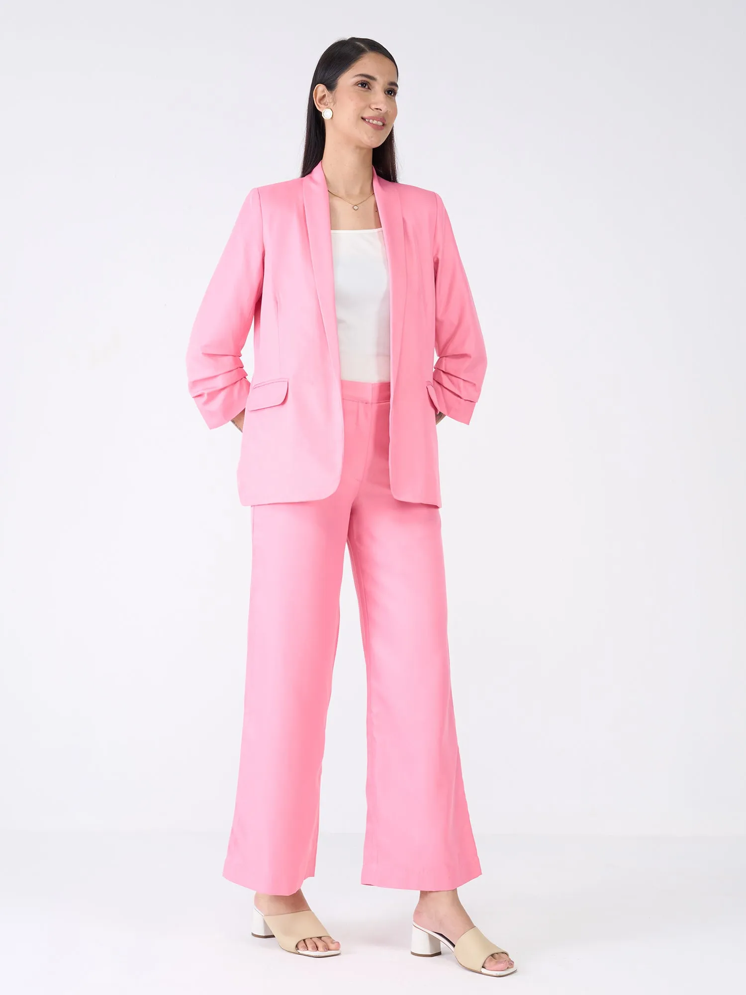 Iconic Ruched Sleeve Blazer-Candy Pink