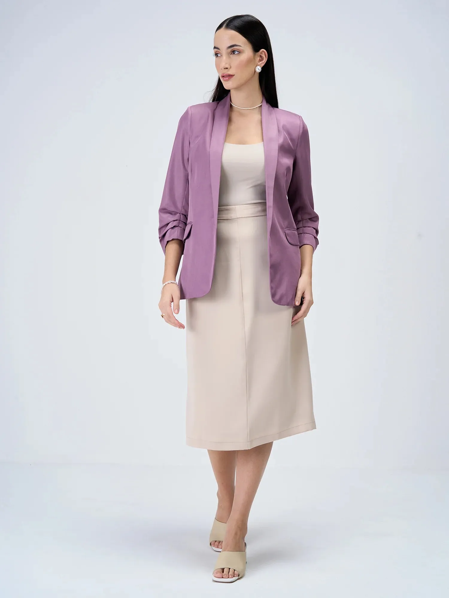 Iconic Ruched Sleeve Blazer-Mauve