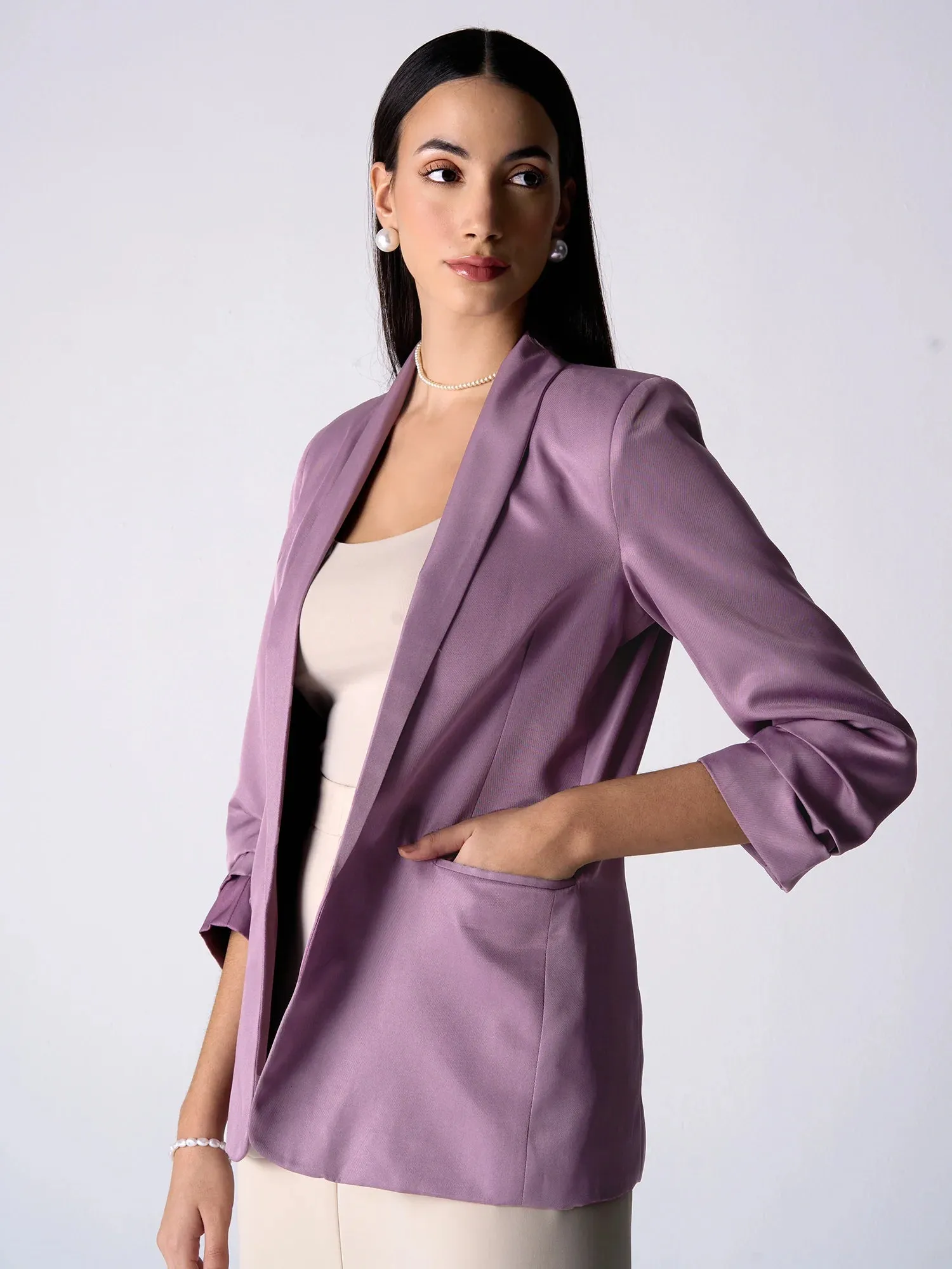Iconic Ruched Sleeve Blazer-Mauve
