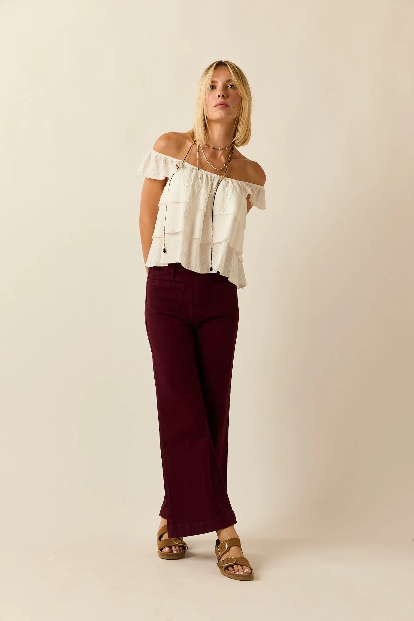 Jeans high waist pockets burgundy