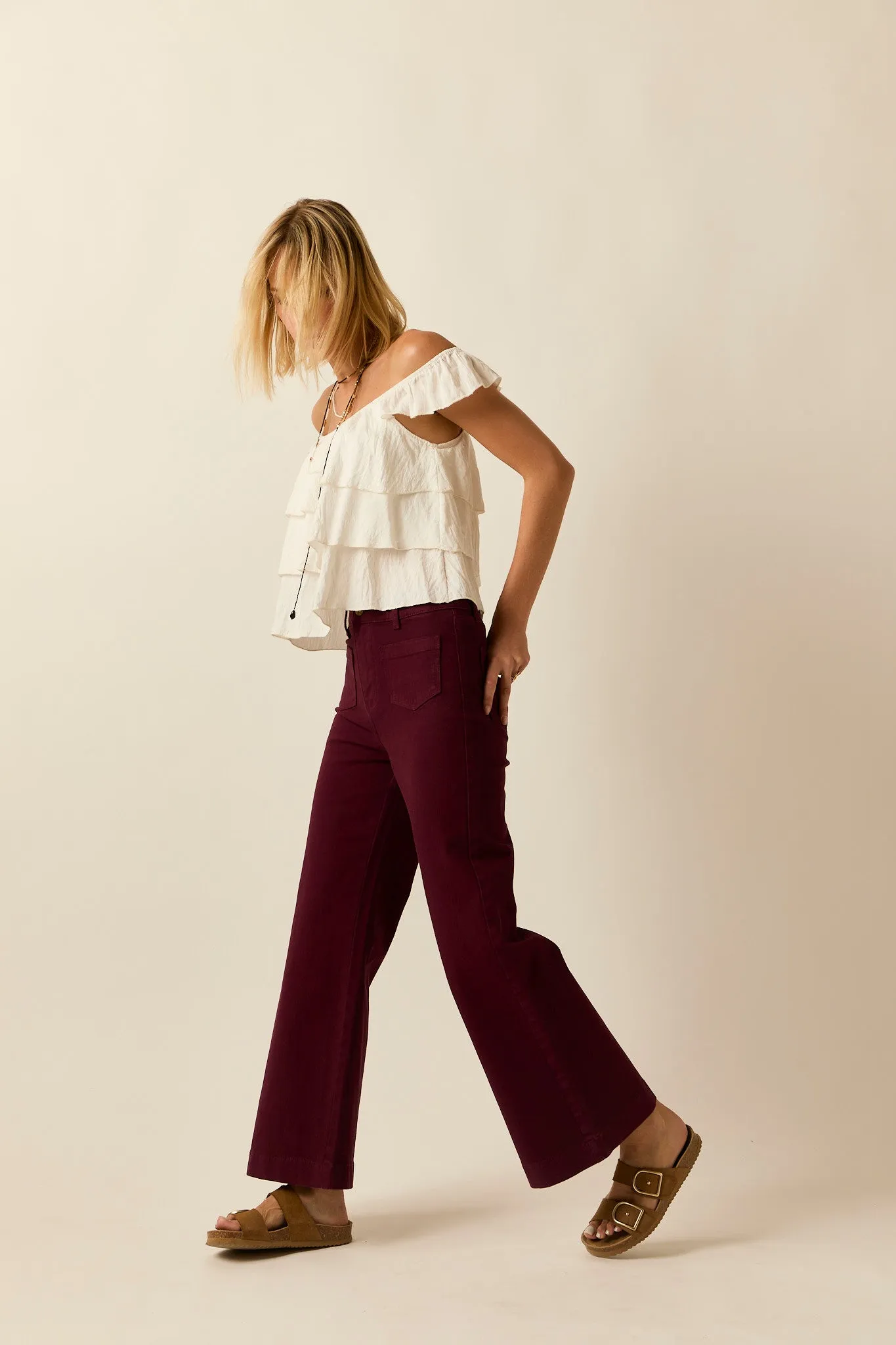 Jeans high waist pockets burgundy