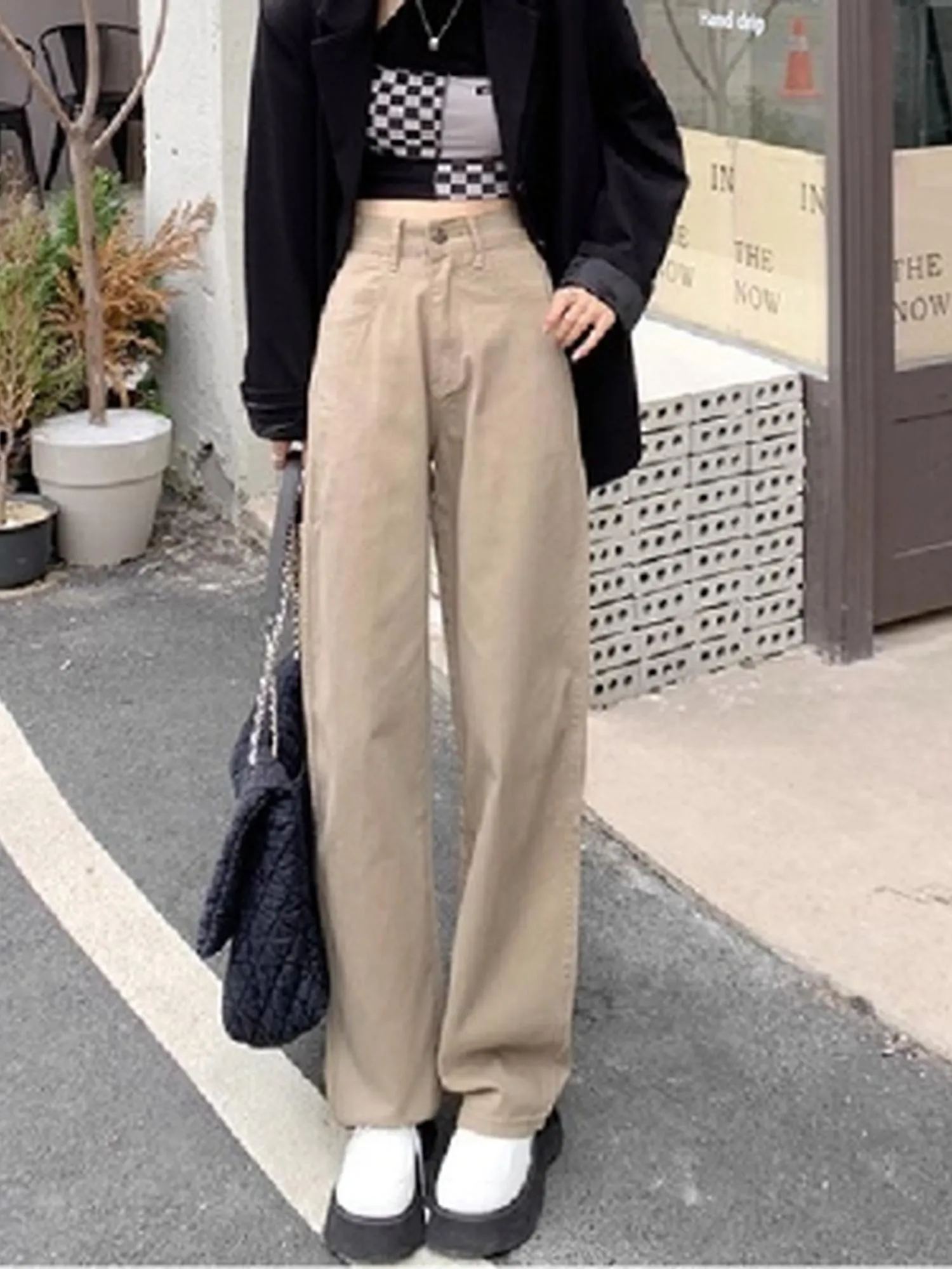Khaki High Waist Straight Denim