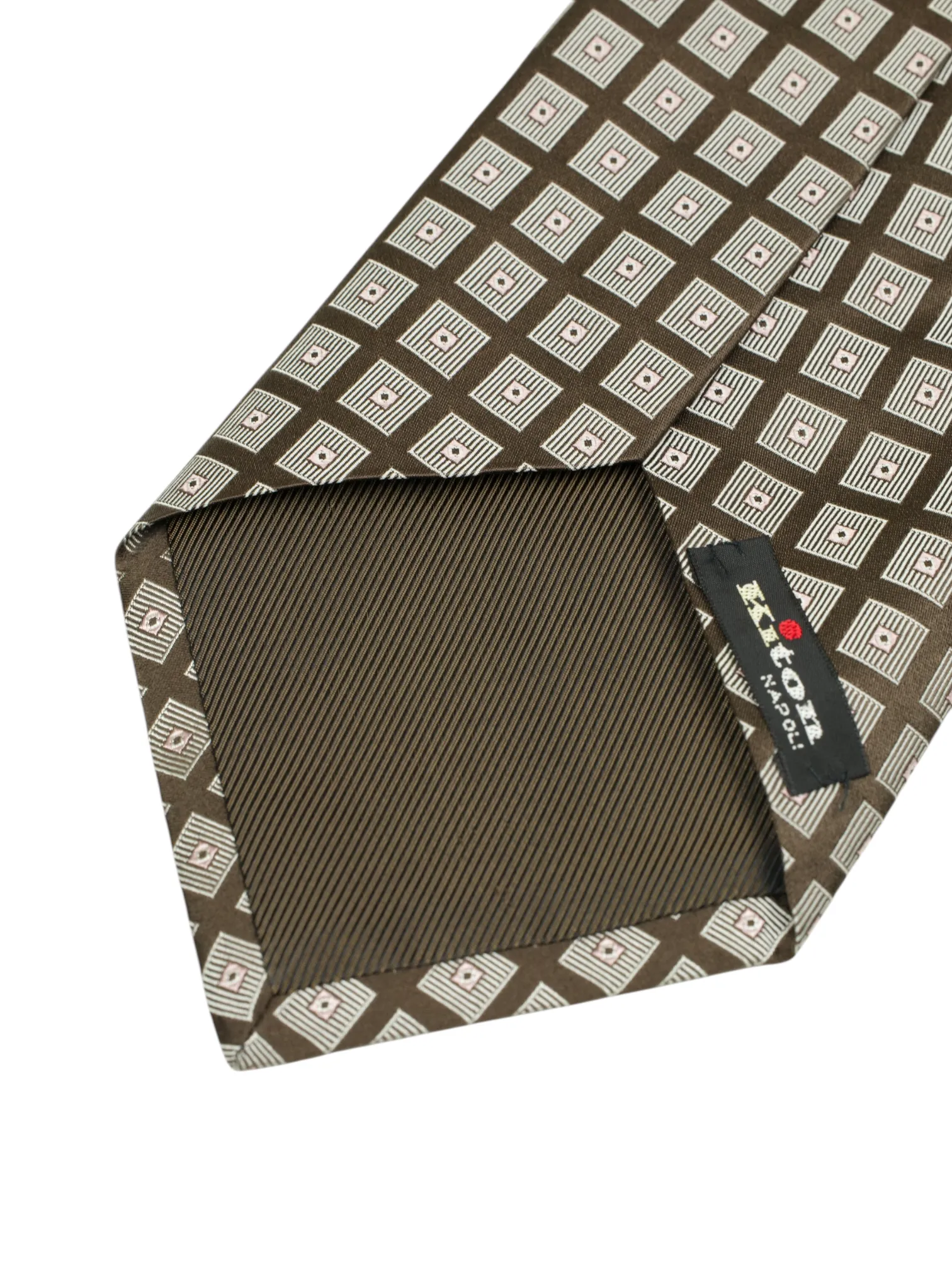 Kiton 5-Fold Dark Brown & Taupe Silk Square Pattern Tie