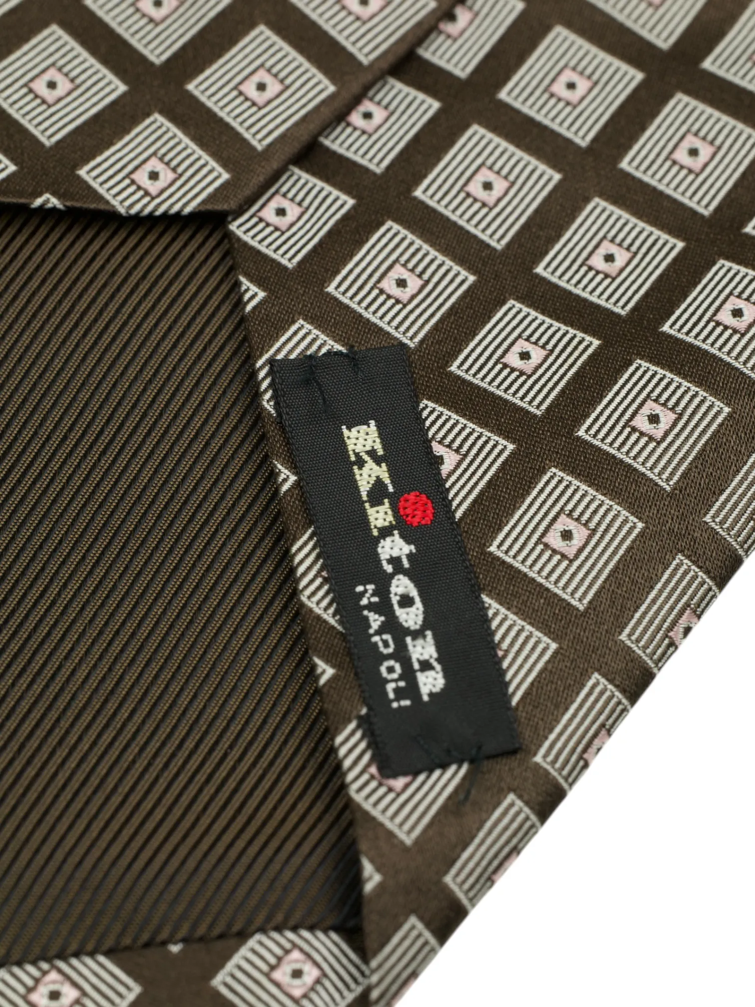 Kiton 5-Fold Dark Brown & Taupe Silk Square Pattern Tie